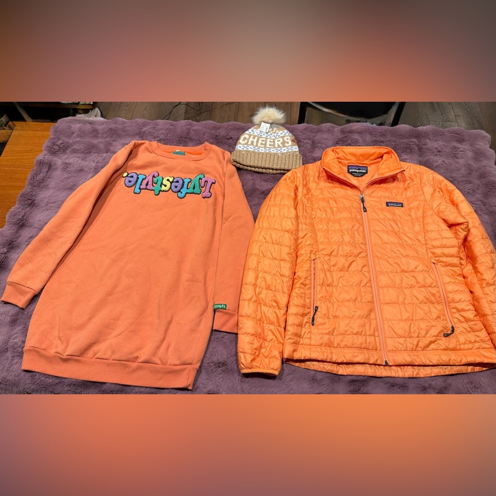 Orange Lyfestyle sweater/Patagonia nanopuff bundle with NWT beanie